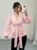 Moda europea y americana para mujer transfronteriza súper ventas primavera y otoño nueva elegante sexy semitransparente manga larga cuello en V camisa para mujer