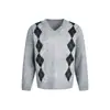 Ropa Vintage 25 Otoño/Invierno Nuevo Estilo Japonés Marca Tendencia Patrón de Diamantes Jacquard Suéter de Punto con Cuello en V para Hombres Jóvenes Tejido Holgado