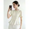 Blusa Elegante de Verão para Mulheres, Estilo Francês, Resistente, com Pedrarias Strass, Gola Redonda, Manga Curta, Babados, Cor Damasco, Corte Ajustado