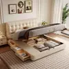 Cama de armazenamento estilo francês vintage com padrão de waffle para quarto principal, cama de couro estilo mid-century de luxo leve italiano, cama de casamento para quarto