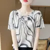 26 Verão Novo Estilo Coreano Lyocell Gola Redonda Malha Manga Curta Camiseta com Estampa de Borboleta Versátil Top Feminino