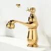 Grifo retro francés de cobre para lavabo de mostrador, caliente y frío, baño clásico, mango de Jade Dorado, un solo agujero, cabezal de agua