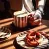 Taza de Agua, Taza de Café Estilo Coreano de Verano, Taza y Platillo de Café Rayado, Juego de Tazas de Cerámica con Tinta Salpicada, Exquisita Taza de Té de la Tarde