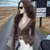 Cárdigan de punto estilo coreano de dos piezas falsas con cuello halter y escote en V para mujer, nueva colección principios de otoño 2026, capa base ajustada A14260