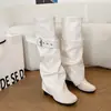 Botas de cuero de tacón alto hasta la pantorrilla para mujer, estilo minimalista de diseño único con hebilla de cinturón, botas de montar que estilizan y moldean las piernas