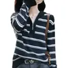 Moda Outono e Inverno: suéter de tricô listrado em blocos de cor com zíper parcial, suéter casual feminino de gola alta, manga longa, caimento solto