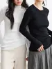 Nova blusa de base feminina para outono e inverno, em malha de mistura de seda e lã, com gola alta, ajuste elástico, design simples e mangas compridas.