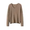 Suéter Feminino de Cashmere 100% Cashmere Moda Simples Quente Malha Sem Costura 12 Gauge Bainha Enrolada Gola V Cor Sólida