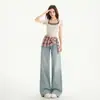 2025 Jeans de Tiro Bajo de Color Claro con Estampado de Cuadros Rosas, Dos Piezas Apiladas Falsas, sin Cinturón, Corte Ligeramente Holgado, Pierna de Trompeta de Color Claro para Mujer