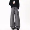 Calça Masculina Tendência de Perna Larga com Patchwork e Design Plissado, Calça Loose Preta Estampada, Casual Estilo Scimitar, Cinza