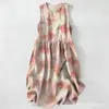 Vestido Casual de Algodão Puro com Estampa Digital Nova, Gola Redonda, Sem Mangas, Comprimento Médio, Para Mulheres, Verão na Praia