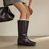 Botas altas retro europeas y americanas de cuero genuino, botas de mujer para otoño e invierno con puntera cuadrada, tacón grueso, sin cordones, botas tipo Martin negras de talla grande para comercio exterior transfronterizo