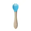 Colher e garfo de silicone para crianças com cabo de madeira, utensílios de treinamento para autoalimentação de bebês, colher e garfo para comida de bebê