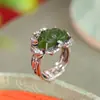 Yuebao Joyería Jade Natural Hetian Plata de Ley S925 Jaspe Carpa Jugando Loto Tallado Anillo Grande Ancho Ajustable