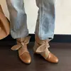 Botas vaqueras de lona Chuyuji con patchwork y cordones, con plataforma interior, botines cortos color marrón Maillard para mujer, modelo nuevo 2026