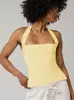 Blusa Regata de Alça Halter Estilo Europeu e Americano Transfronteiriça para Mulheres, Verão Sem Mangas Costas Abertas Gola Quadrada com Alça de Ombro Canelada Roupa Feminina