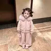 Conjunto de Niña Otoño Invierno Color Sólido 2026 Nuevo Sudadera con Capucha para Niños Chaqueta con Felpa Adentro Cuello de Piel Ropa de Invierno Casual Conjunto de Dos Piezas