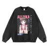 Sudadera con capucha estampada de personaje de anime japonés, efecto desgastado y lavado, disponible en stock para hombres y mujeres, estilo callejero con hombros caídos, top holgado, comercio exterior