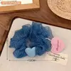 Scrunchie Estampado de Leopardo em Formato de Coração Estilo Coreano Elástico de Renda Doce Floral para Rabo de Cavalo Acessório Versátil para Coque de Cabelo para Meninas