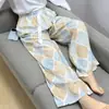 Calça de Pijama de Seda de Algodão para Mulheres, Estilo Fino para Primavera e Verão, Tamanho Grande, Caimento Solto, Calça de Perna Larga de Algodão Artificial, Pode Ser Usada Fora de Casa, Versátil, Cintura Alta, Leve