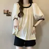 Camiseta de Verano Nueva de Tallas Grandes para Mujer, Manga Abullonada, Bloques de Color Patchwork, Cuello Redondo, Moda Adelgazante, Manga Corta