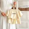 Conjunto de Verão para Meninas Estilo Coreano Camiseta de Manga Curta e Shorts Conjunto de Duas Peças Cor Sólida Estampado Casual Roupas Infantis Nova Roupa de Verão para Crianças