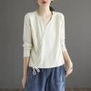 Primavera e Outono versátil casual solta gorda menina cordão vintage top T-shirt mulheres V-neck plus size manga comprida camisa inferior Mulheres