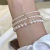 Pulseira de Prata 925 com Contas Prata Quebrada, Pulseira de Prata Quebrada com Pérola Redonda Forte Gradiente de Luz Nicho, Pulseira Retro Simples Elegante