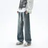 Calça Jeans Masculina Primavera e Outono Corte Reto Solto Cintura Elástica Marca Americana Tendência Retro Japonês Casual Perna Larga Caimento Longo