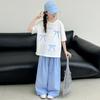 Traje de Verano para Niñas 2025 Nueva Moda Niñas Estilo Coreano Estilo Infantil Mediano y Grande Lazo Manga Corta Pantalones Casuales Moderno