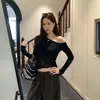 Tiro real: Camiseta cinza slim fit de manga longa com gola assimétrica franzida, para mulheres, nova outono 2026, para um visual refinado e intelectual