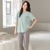 Pijama de Verano para Mujer Algodón Modal Delgado Cuello Redondo Manga Corta Pantalones Holgado y Cómodo Casual Se Puede Usar Fuera de Casa Ropa de Casa