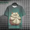 Estação Internacional Teum Camiseta de Moda de Verão Transfronteiriça Europeia e Americana com Estampa Divertida de Gato Gordo Masculina Gola Redonda Versátil Manga Curta
