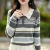 Elegante y sofisticado suéter de punto con cuello de ganchillo y diseño a rayas, de manga larga, adelgazante, versátil y cálido abrigo para mujer, estilo nuevo