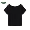 Blusa feminina de ombro a ombro, de um ombro só, cinza, modelagem solta, manga curta, peça de sobrepor, toque de alta qualidade, casual, estilo primavera/verão, top com design de ombro caído