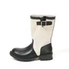 Botines de trabajo retro de tacón grueso hasta la mitad de la pantorrilla para mujer, con patchwork de lona, punta redonda, acabado desgastado y estilo botín corto, perfectos para uso casual y para crear una silueta estilizada, reminiscentes de las botas vaqueras.