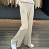 25 Pantalones Casuales de Punto Grueso de Lana Pura Cuatro Agujas con Abertura Lateral y Bolsillo con Solapa, Pantalones de Pierna Ancha de Color Puro Suelto