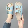 Sandálias casuais femininas Birkenstock com solas grossas, fivela dupla, biqueira aberta, respiráveis, confortáveis, para uso externo, chinelos estilo deusa