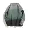 Suéter de Punto de Color Contrastante Degradado Retro de Manga Larga para Hombre Invierno 2025 Nuevo Cuello Redondo Cálido Suave Tejido tipo cera Top Interior