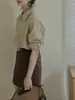 Colección Primavera 2025 Camisa Holgada de Color Sólido Estilo Coreano Blusa para Mujer Top Texturizado de Corte Recto con Cuello de Solapa Manga Larga Corte Holgado