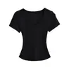 Camiseta de Verano Nueva Estilo para Mujer de Manga Corta, Camiseta Básica de Color Sólido de Seda de Hielo Acanalada, Top Versátil de Corte Ajustado