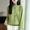 Suéter de Tricô Grosso de Lã Pura Feminino, Novo Outono/Inverno Cardigã de Sete Agulhas Fio Duplo Gola Alta, Casaco de Manga Longa com Fio Floral
