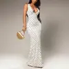 12090 Moda Femenina Transfronteriza Europea y Americana Nueva Estampado de Lunares Alta Elasticidad Sexy Cuello en V Profundo Ajustado Vestido Largo
