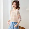 Tejido de punto hueco degradado de manga larga para mujer, primavera/otoño 2026, nuevo diseño, cuello redondo, top corto petite