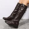 Botas de mujer de talla grande transfronterizas 2023, nuevas botas altas con cremallera lateral, botas de caballero europeas y americanas, botas de cuero con hebilla de cinturón plano, venta al por mayor