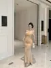 Vestido Sexy de Malla con Hombros Descubiertos Estilo Francés, Vintage de Cintura Alta, Elegante, Ajustado, Fruncido, Adelgazante, Vestido Largo Bodycon