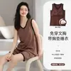 Pijama feminino de verão, regata e shorts de algodão imitação, fino e fresco com bojos, pode ser usado fora, conjunto de roupas caseiras femininas atacado