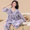 Pijama de Algodón y Seda para Mujer Dulce Manga Larga Pantalón Largo Conjunto de Dos Piezas Manga Tres Cuartos Se Puede Usar Afuera Gama Alta Nuevo Estilo Floral Celebridad de Red Hogar