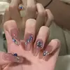 Habrá Uñas Portátiles Hechas a Mano con Mariposa Azul Temática de Gato, Pegatinas para Uñas de Verano Transparentes Hielo Frescas Brillantes con Pedrería