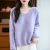 Novo estilo 10 suéter de tricô feminino de manga comprida e corte solto para outono e inverno, suéter com decote em V
